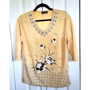 TC Fashion Women's Medium Yellow VTG BLING‎ Blouse SS (Has Pulls) See Photos